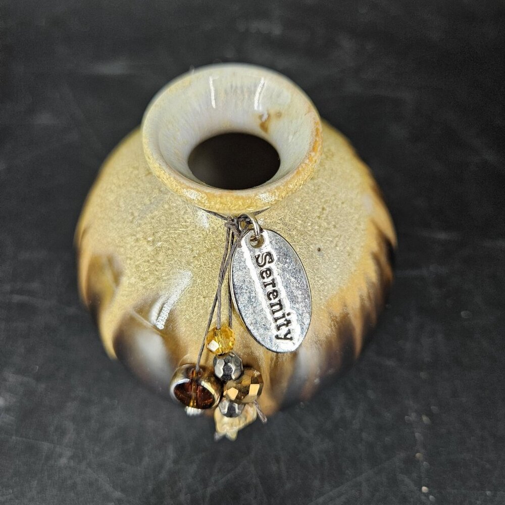Ceramic Bud Vase Drip Glaze Brown Black Tan Mini Round Serenity Charm Incense 3" - Picture 2 of 10